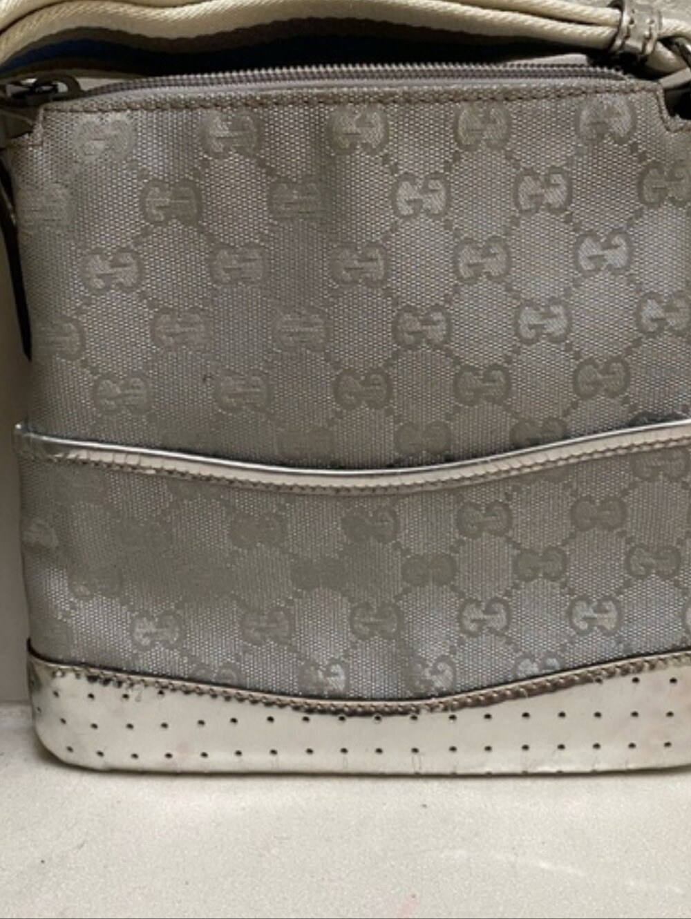 Gucci Silver Monogram Crossbody Bag with Blue and Cream Striped Strap - Picture 11 of 11